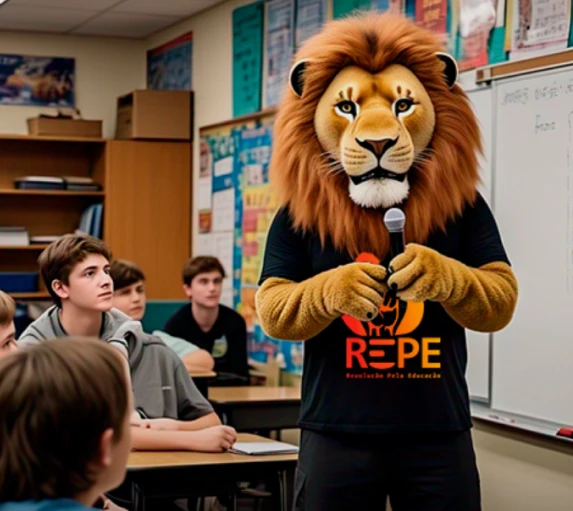 Homem vestido de leão com microfone na mão dentro da sala de aula