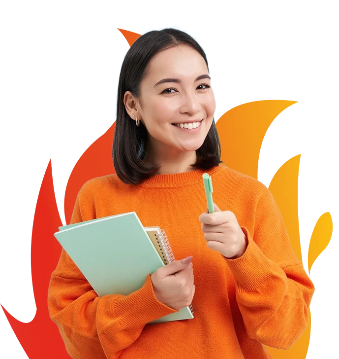 Moça com livros na mão e caneta na outra com o símbolo do fogo atrás dela